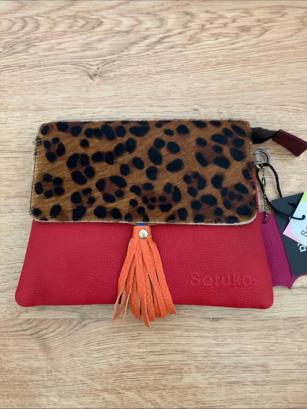 SORUKA Lily Small Crossbody leather bag in red/tan & leopard flap. NWT